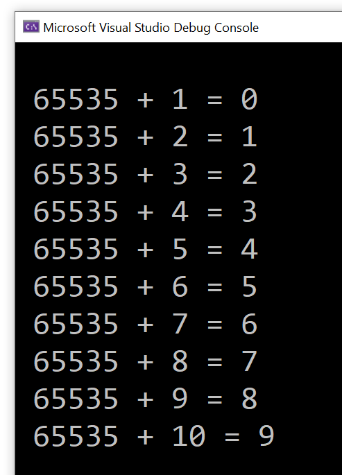 Output of the above C++ loop code, showing unsigned integer wrap around in action.