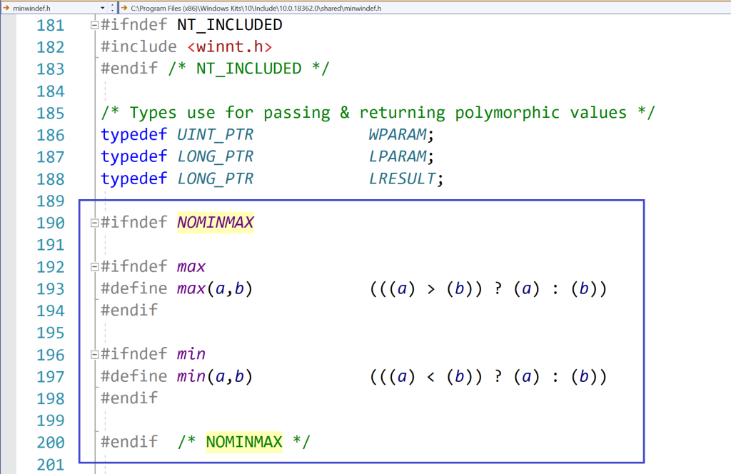 Preprocessor logic in a Windows SDK header (minwindef.h) for the conditional compilation of the min and max macros.