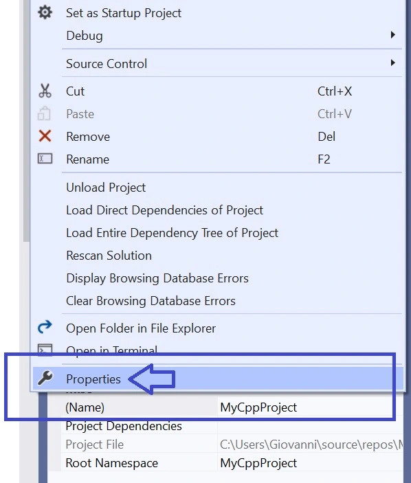 Select the Properties menu item to show the project's properties dialog box.