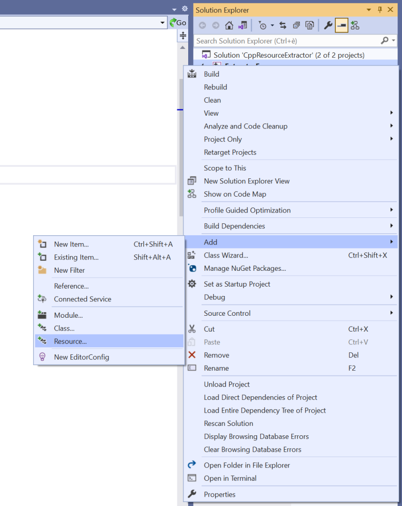 Menu command to add a resource using Visual Studio.