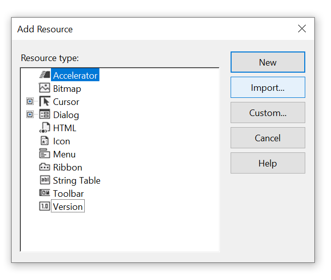 The Add Resource dialog box in Visual Studio